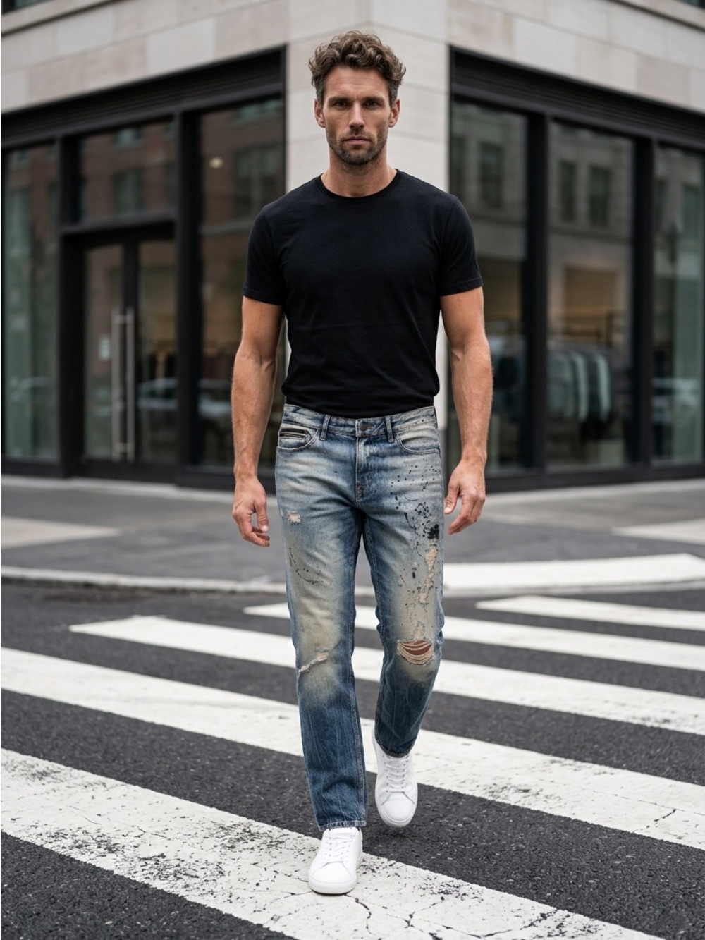 NWT Calvin Klein Men's 32x32 Blue Painted Ripped Slim Straight Jean $85
